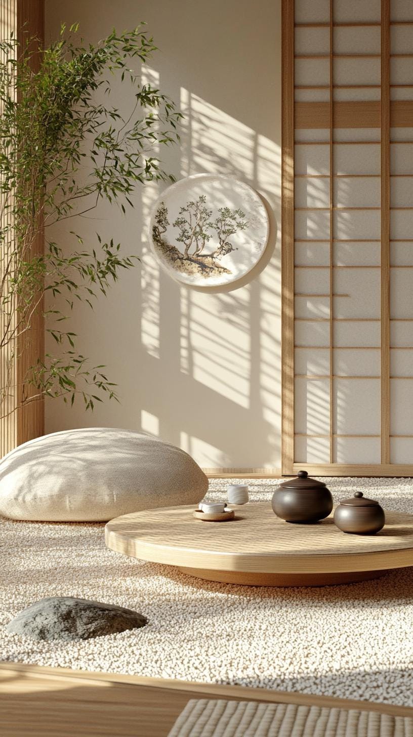 15 new Japandi living room ideas that you will love 15 5. Zen Garden Nook: Integration of pea gravel and bamboo divider-2