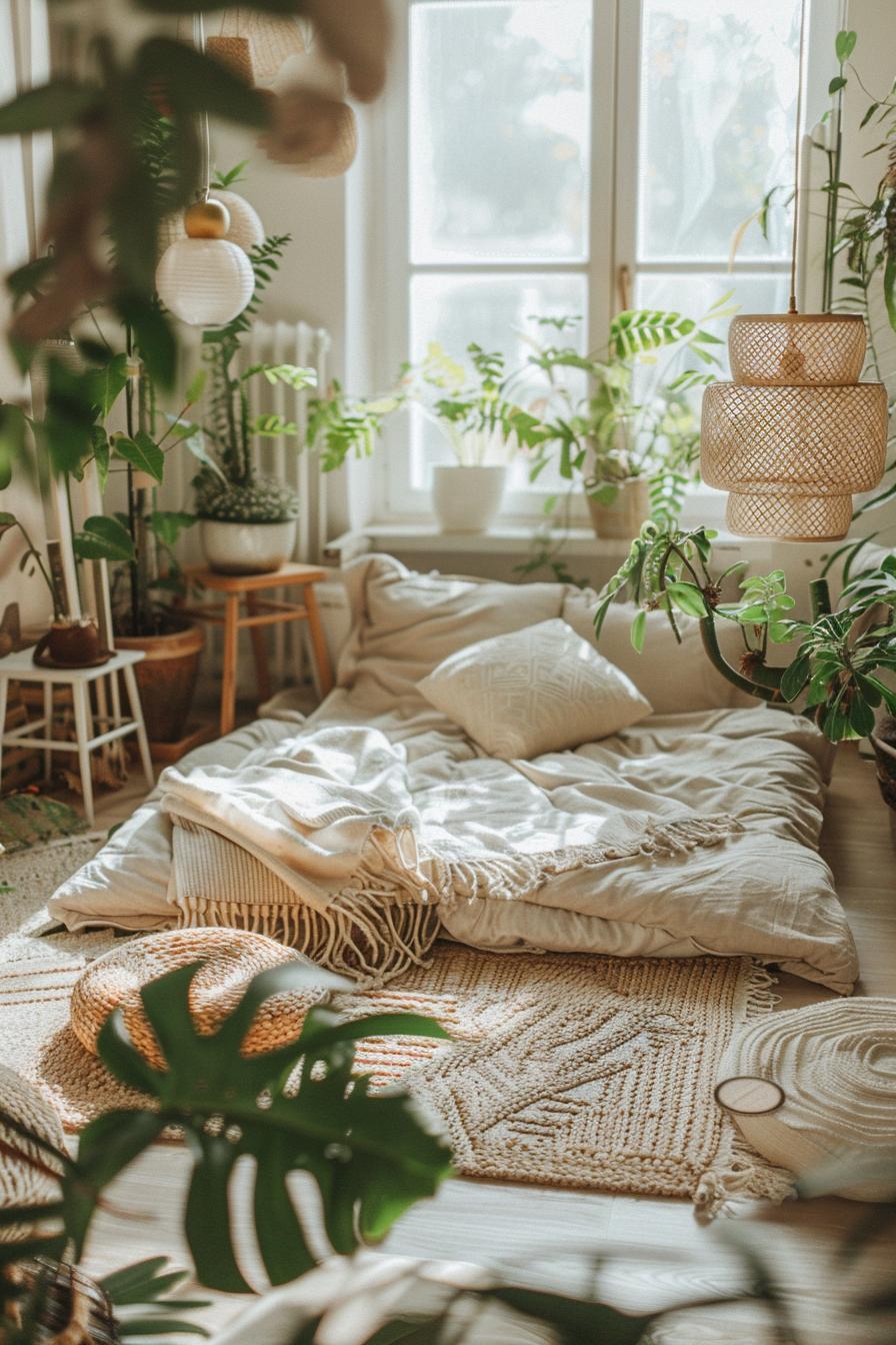 29 wunderschöne neutrale Boho -Schlafzimmer: verträumte und entspannende Räume 34 16. Zen-inspiriertes Boho Schlafzimmer Retreat-0