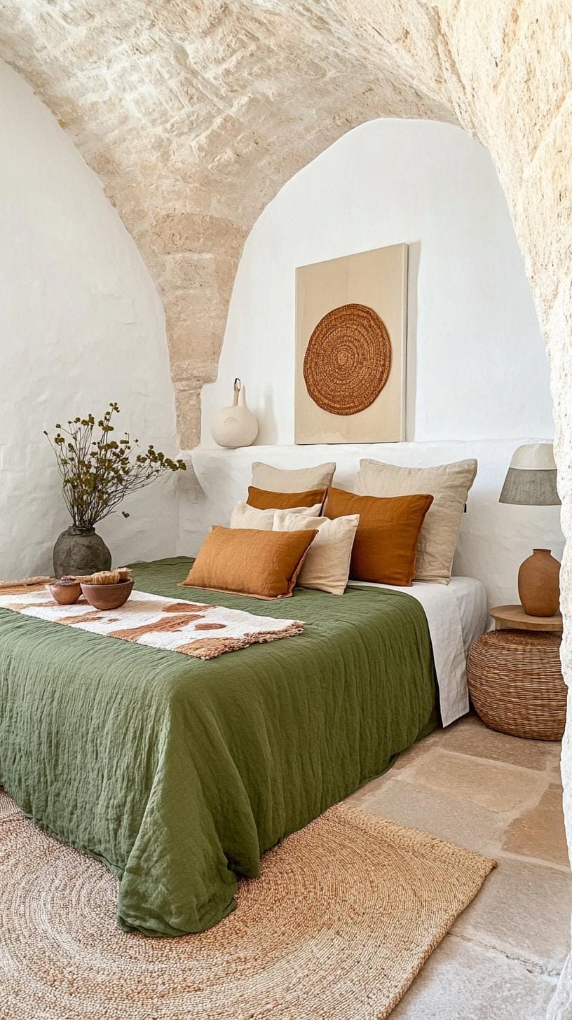 25 einzigartige Salbei grüne Boho Schlafzimmer Ideen für 2025 50 16. Zen Retreat: Integrieren Sie Salbei und cremefarbene Natursteine als Dekoration für einen beruhigenden Effekt-0