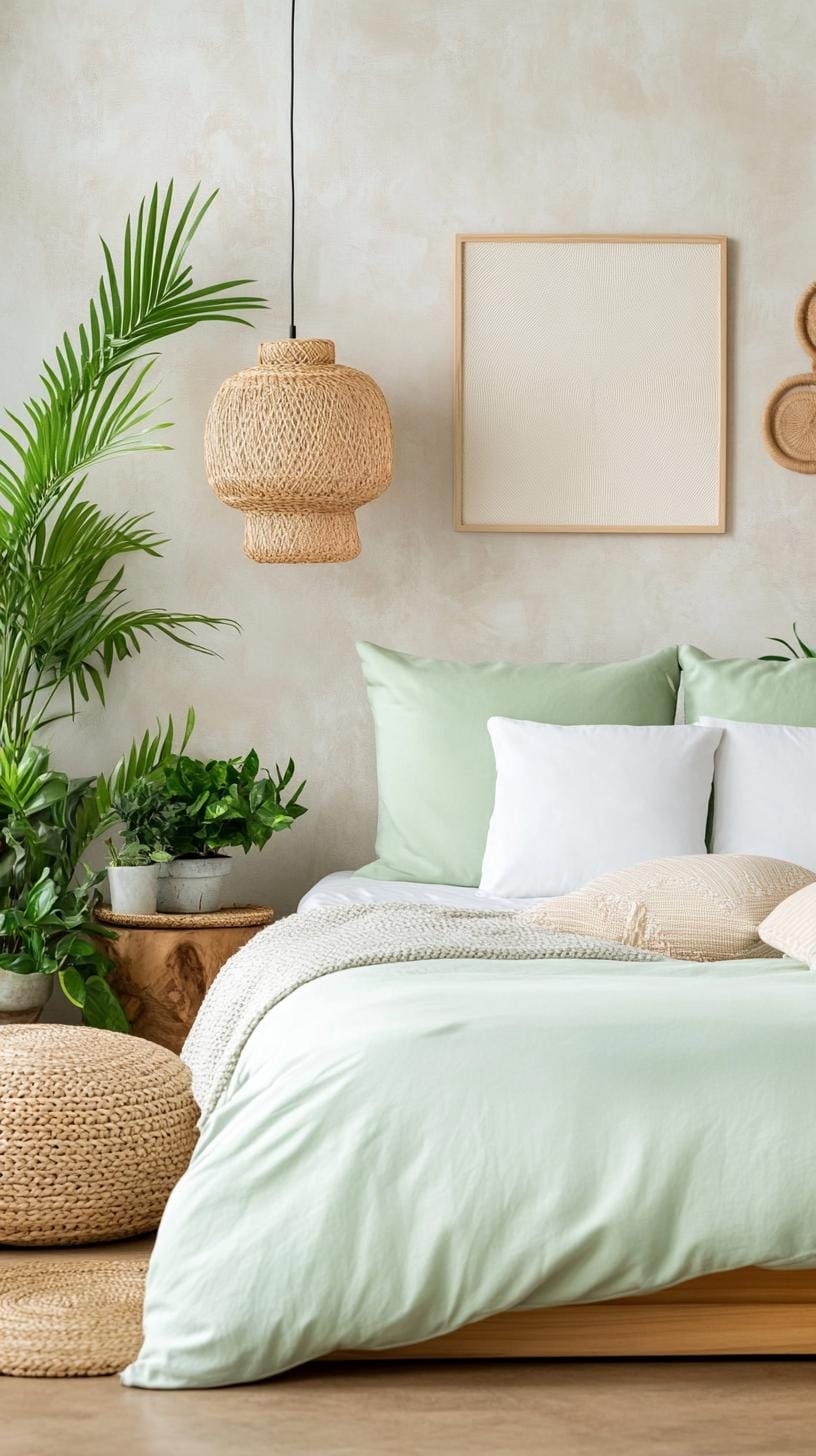 25 einzigartige Salbei grüne Boho Schlafzimmer Ideen für 2025 51 16. Zen Retreat: Integrieren Sie Salbei und cremefarbene Natursteine als Dekoration für einen beruhigenden Effekt-1