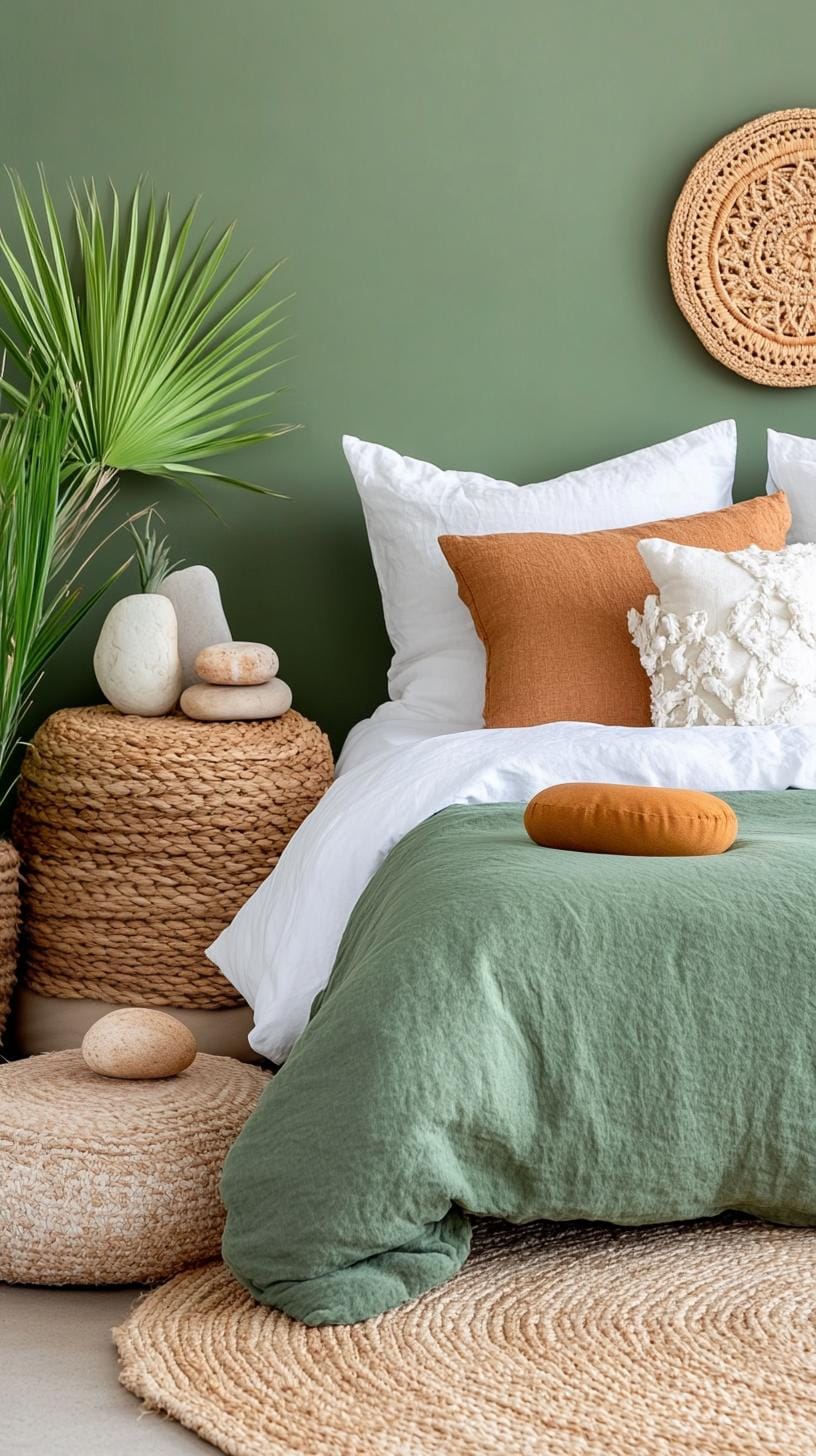 25 einzigartige Salbei grüne Boho Schlafzimmer Ideen für 2025 52 16. Zen Retreat: Integrieren Sie Salbei und cremefarbene Natursteine als Dekoration für einen beruhigenden Effekt-2