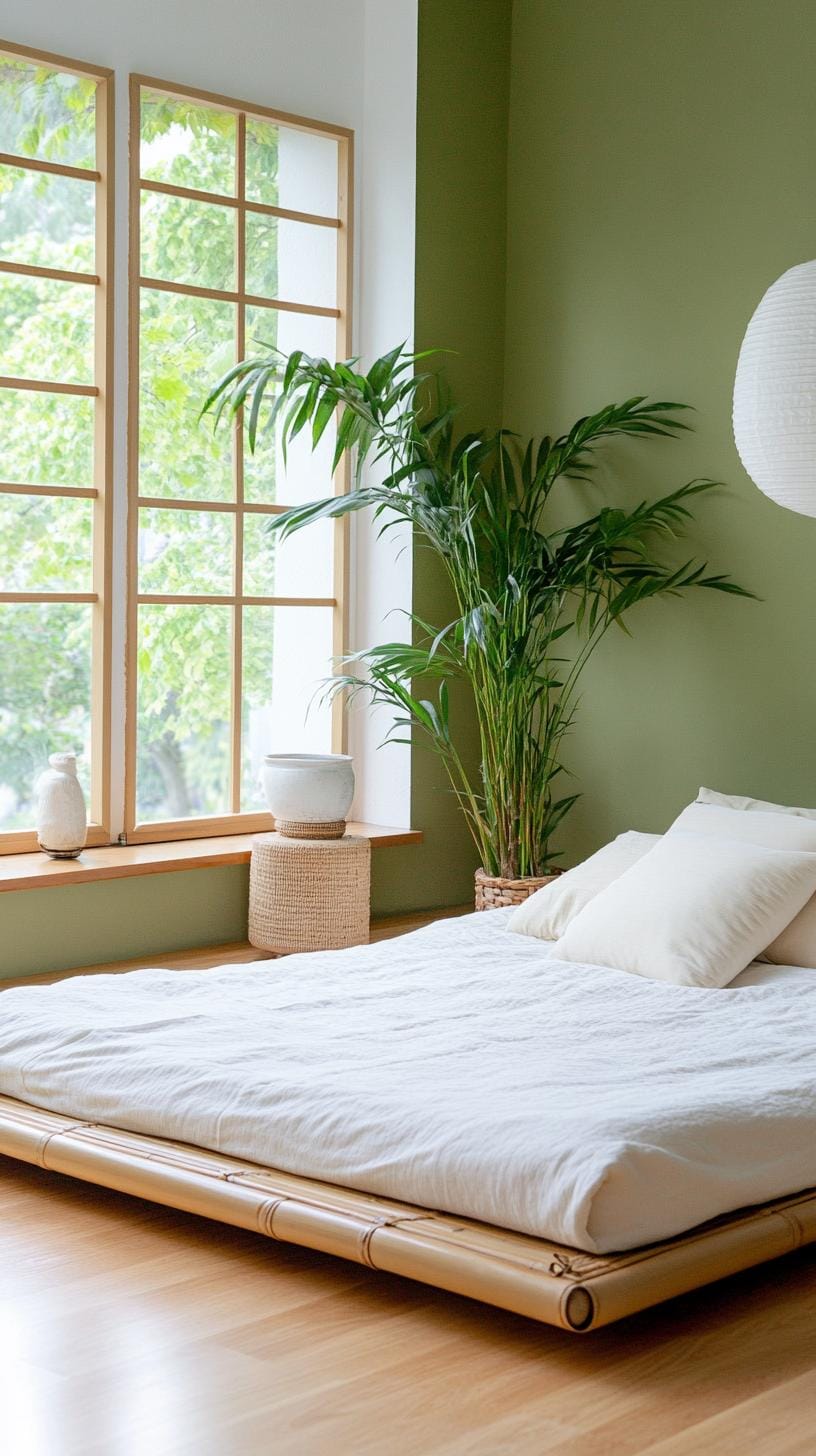 23 atemberaubende Ideen für olivgrüne Schlafzimmer, die Sie absolut lieben werden 14 4. Zen Serenity Schlafzimmer mit olivgrünen Wänden und Bambusdekor-0