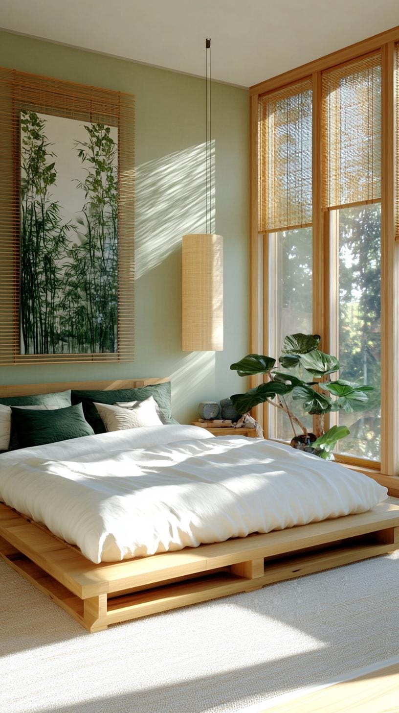 23 atemberaubende Ideen für olivgrüne Schlafzimmer, die Sie absolut lieben werden 16 4. Zen Serenity Schlafzimmer mit olivgrünen Wänden und Bambusdekor-2