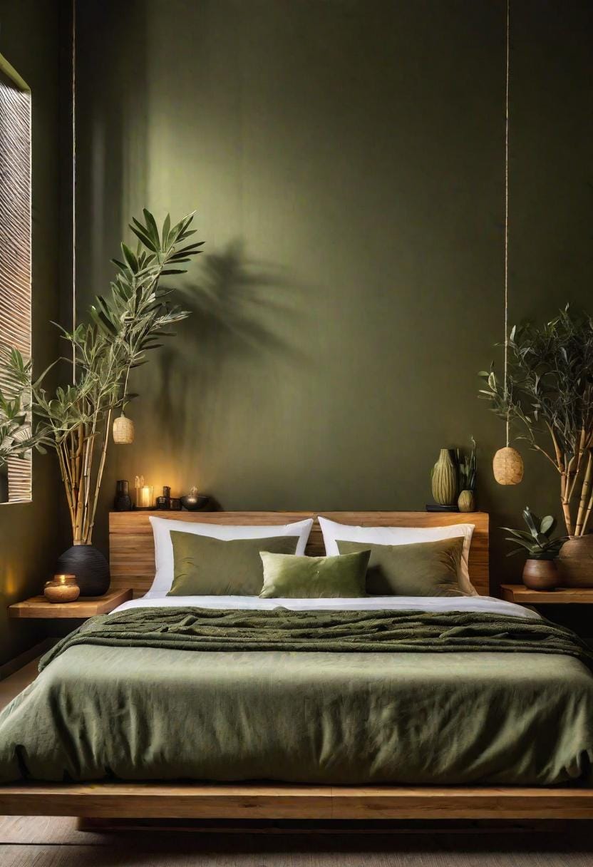 23 atemberaubende Ideen für olivgrüne Schlafzimmer, die Sie absolut lieben werden 17 4. Zen Serenity Schlafzimmer mit olivgrünen Wänden und Bambusdekor-3