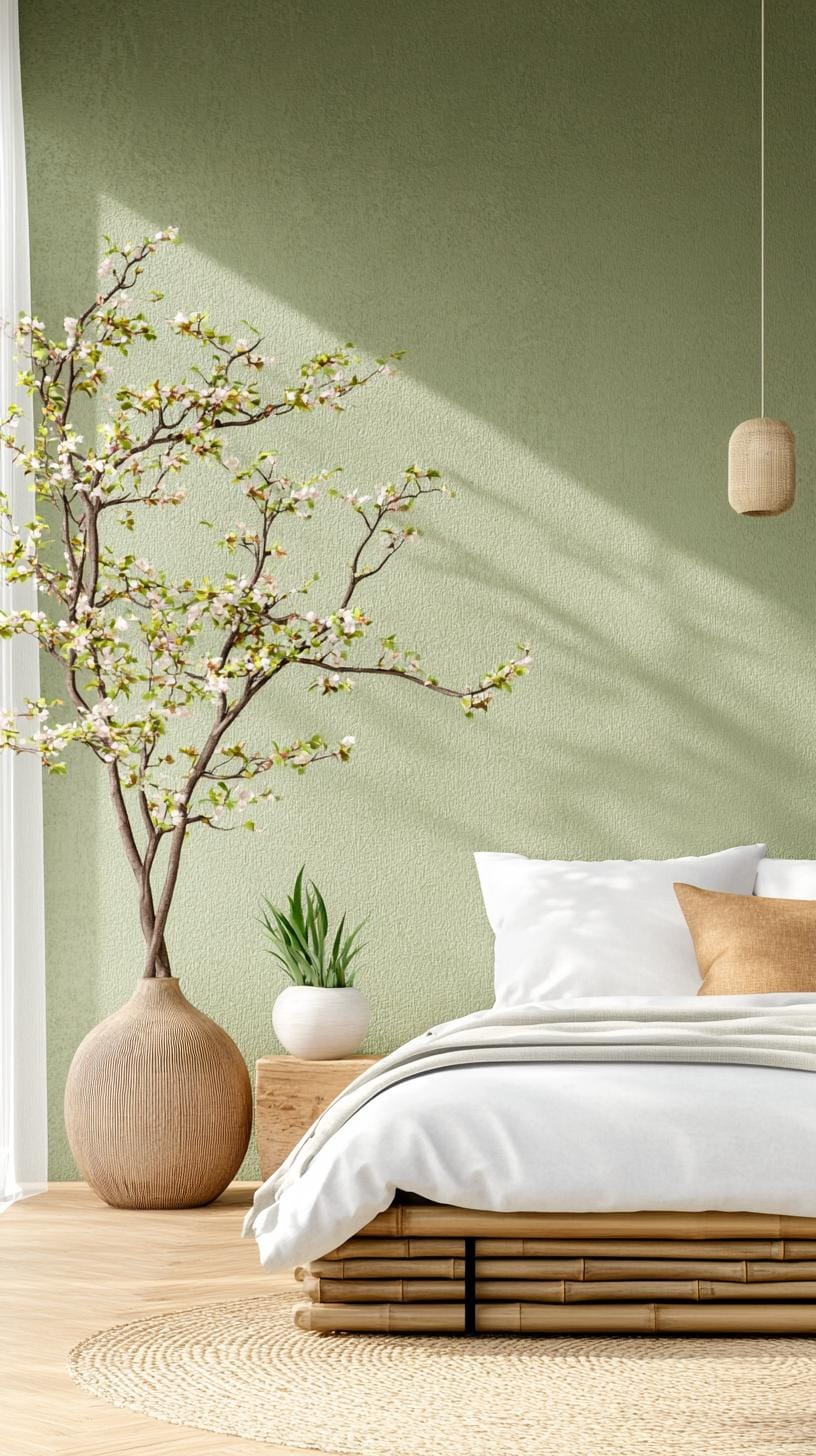 25 Trendy Sage Green Schlafzimmer Ideen für 2025 9 3.. Zen-inspiriertes Retreat mit Salbeigrünwänden und Bambus-Dekor-Elementen-0