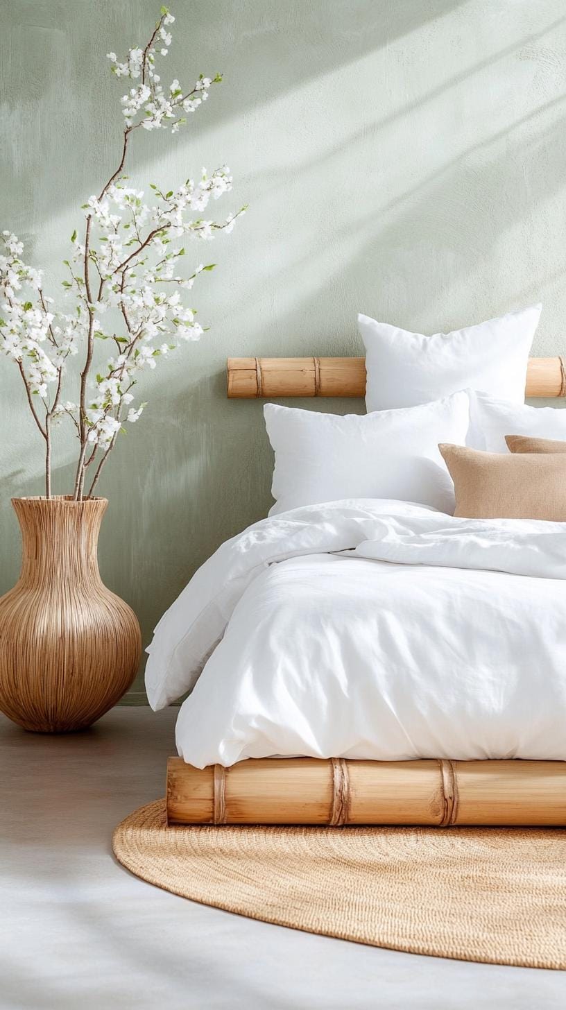 25 Trendy Sage Green Schlafzimmer Ideen für 2025 10 3.. Zen-inspiriertes Retreat mit Salbeigrünwänden und Bambusdekoration-1