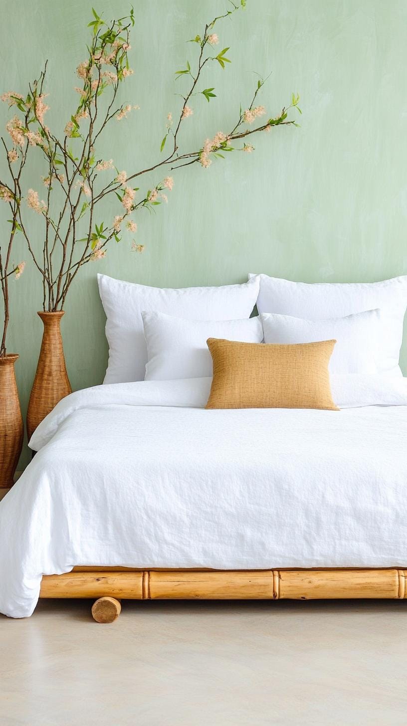 25 Trendy Sage Green Schlafzimmer Ideen für 2025 11 3.. Zen-inspiriertes Retreat mit Salbeigrünwänden und Bambus-Dekorelementen-2