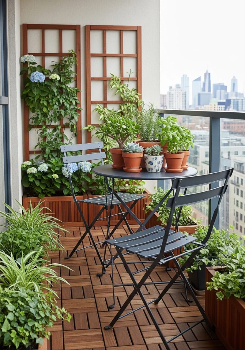 19 breathtaking urban garden balcony for a stylish outdoor area 22 Add a foldable bistro set with dainty pot -succulents and herbs 1