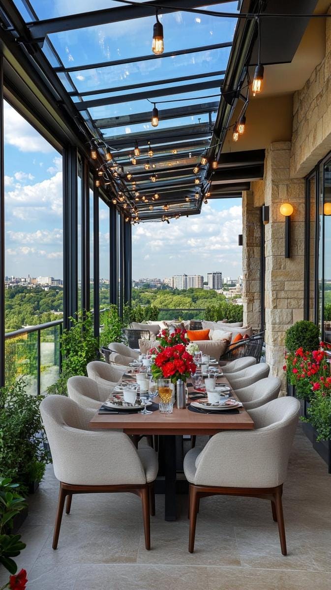 23 verträumte Dachterrasse Designs für modernes Leben im Freien 28 28 Esszone im Freien unter einem mit Glas bedeckten Terrassendach 1