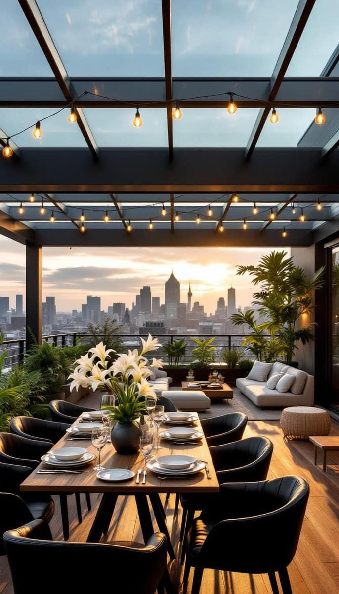 23 verträumte Dachterrasse Designs für modernes Leben im Freien 29 Esszone im Freien unter einem mit Glas bedeckten Terrassendach 1