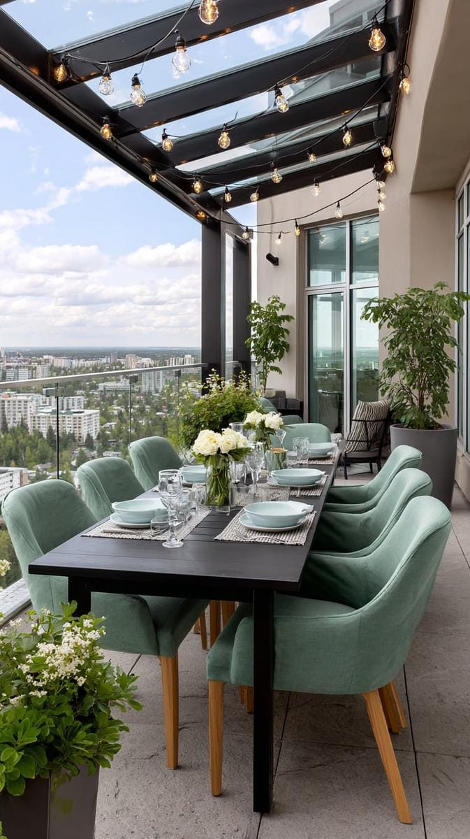 23 verträumte Dachterrasse Designs für modernes Leben im Freien 30 Esszone im Freien unter einem mit Glas bedeckten Terrassendach 1