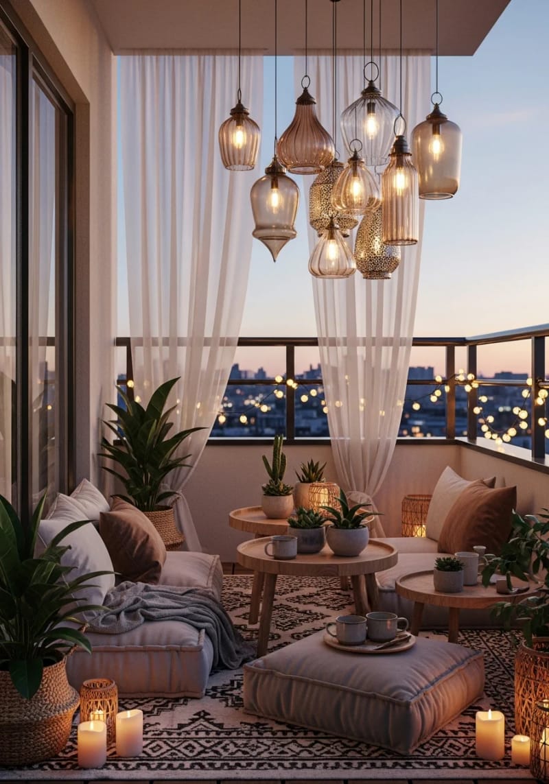 25 atemberaubende Balkondekorationsideen für moderne Räume 4 Ambient Lanterncluster mit Feenlichtern und gemütlichen Bodenkissen 1