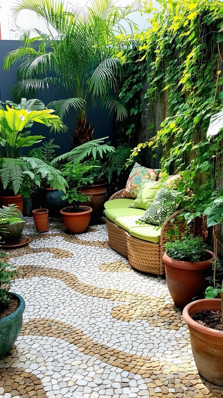 25 Unique Terrace Garden Ideas to Elevate Your Outdoor Space 80 artistic pebble mosaic floor surrounded by lush potted greenery 1