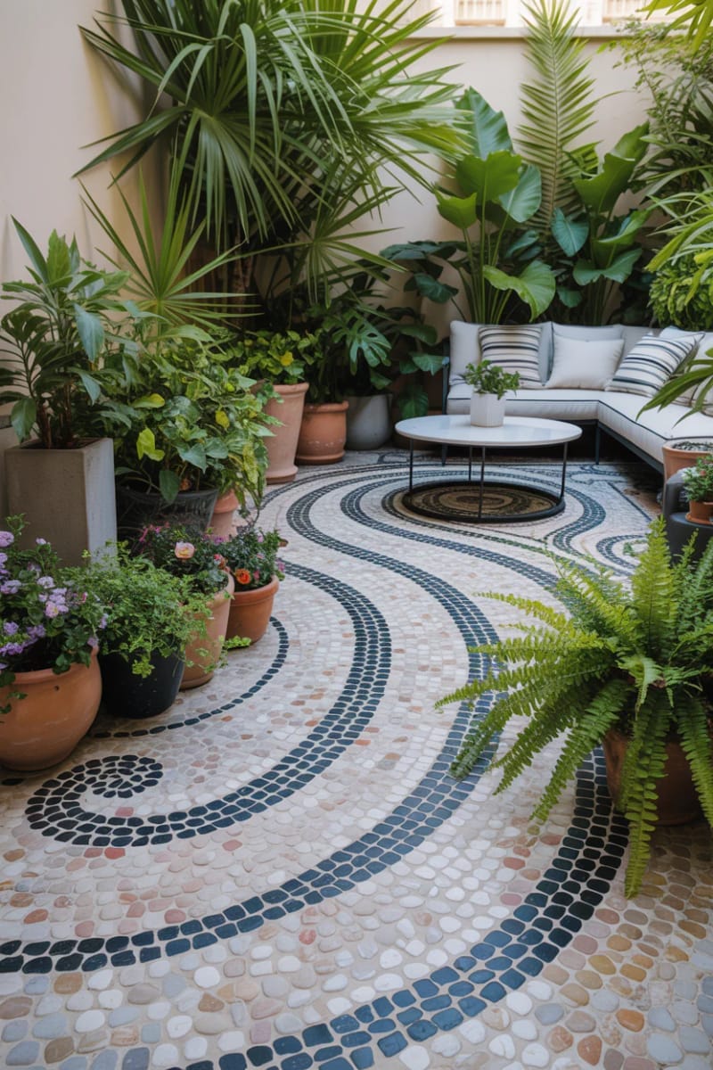 25 Unique Terrace Garden Ideas to Elevate Your Outdoor Space 81 artistic pebble mosaic floor surrounded by lush potted greenery 1