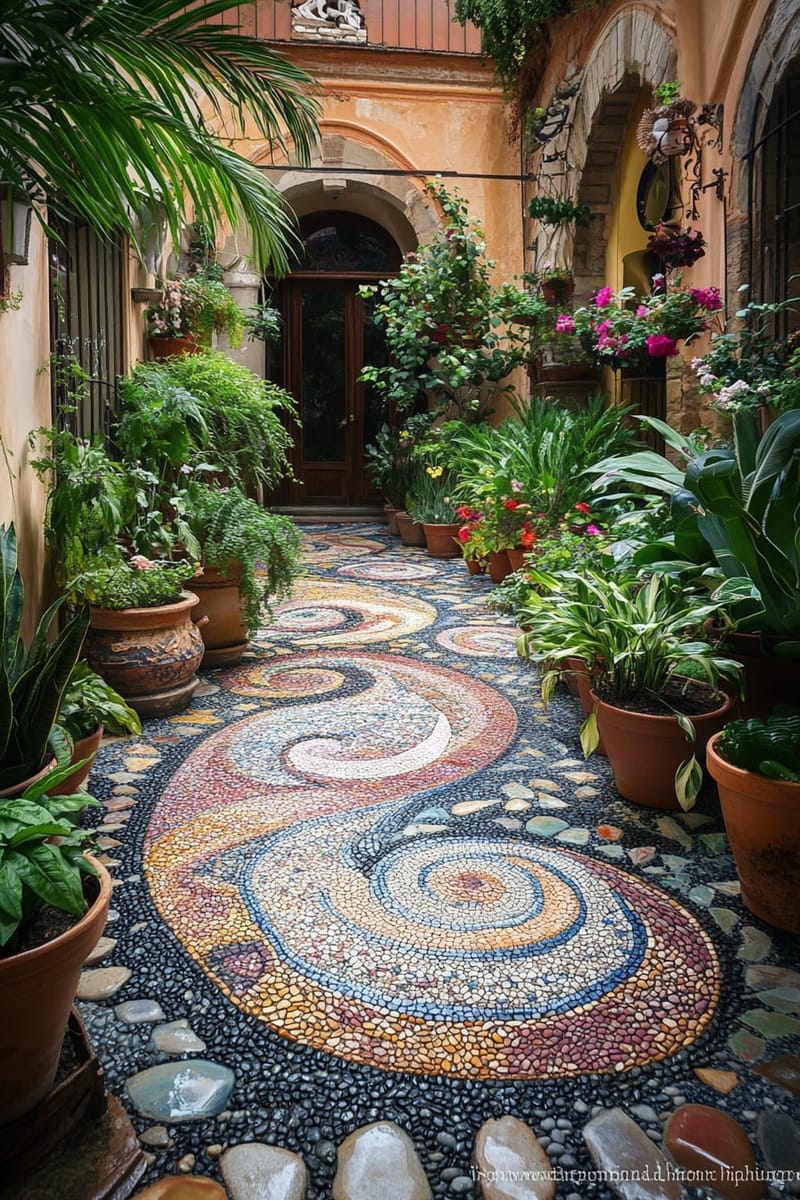25 Unique Terrace Garden Ideas to Elevate Your Outdoor Space 82 artistic pebble mosaic floor surrounded by lush potted greenery 1