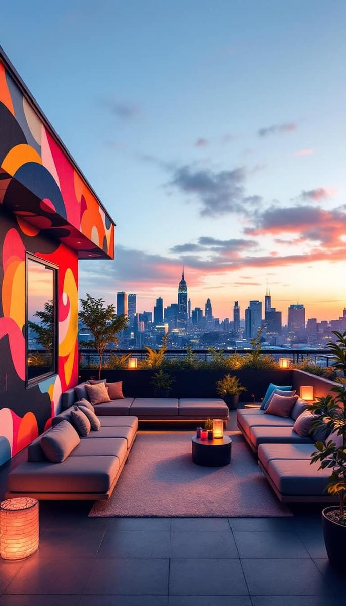 23 verträumte Dachterrasse Designs für modernes Leben im Freien 14 Künstlerische Wandmauer auf dem Dach gepaart mit modernen modularen Sitzplätzen 1