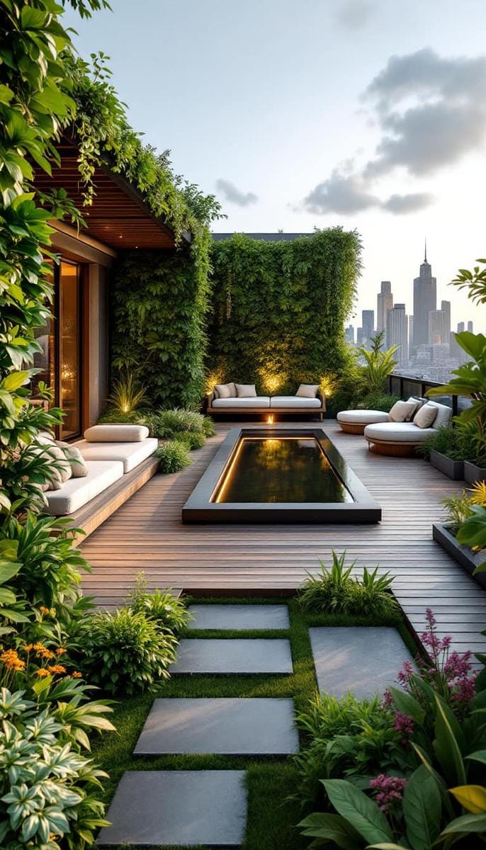 23 verträumte Dachterrasse Designs für modernes Leben im Freien 23 Biophile Oase mit vertikalen Gärten und einem reflektierenden Wassermerkmal 1