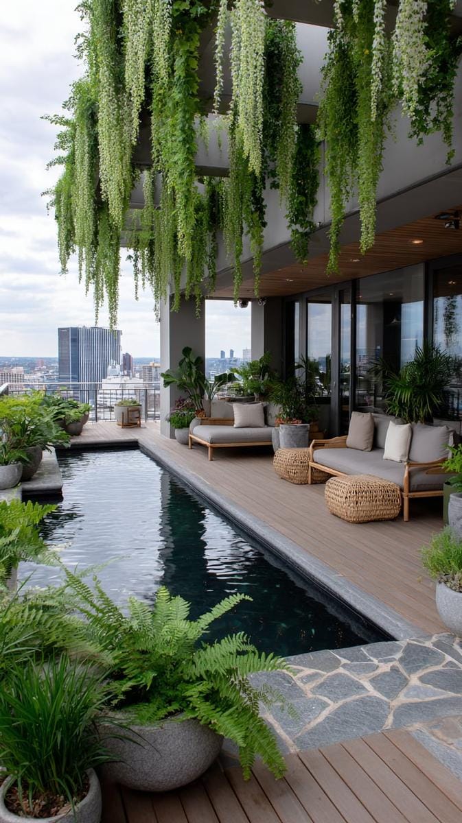 23 verträumte Dachterrasse Designs für modernes Leben im Freien 24 Biophile Oase mit vertikalen Gärten und einem reflektierenden Wassermerkmal 1