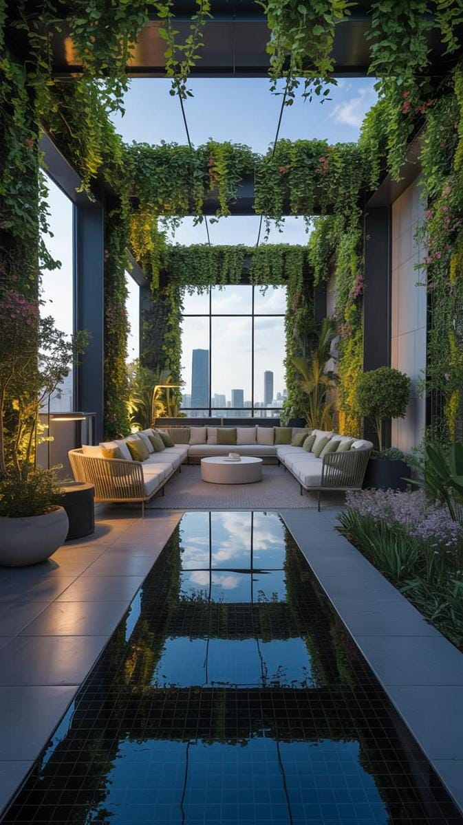 23 verträumte Dachterrasse Designs für modernes Leben im Freien 25 Biophile Oase mit vertikalen Gärten und einem reflektierenden Wassermerkmal 1