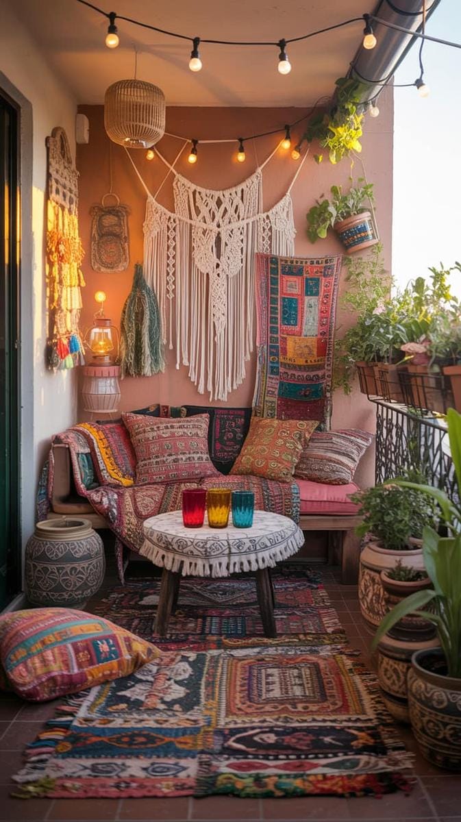 21 stylish apartment balcony this season 33 Bohemian balcony with patchwork textiles and versatile vintage decor finds 1