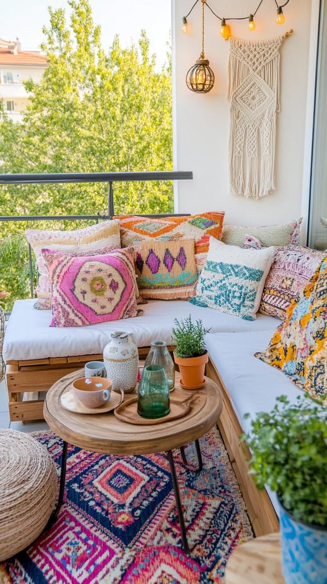 21 stylish apartment balcony this season 34 Bohemian balcony with patchwork textiles and versatile vintage decor finds 1