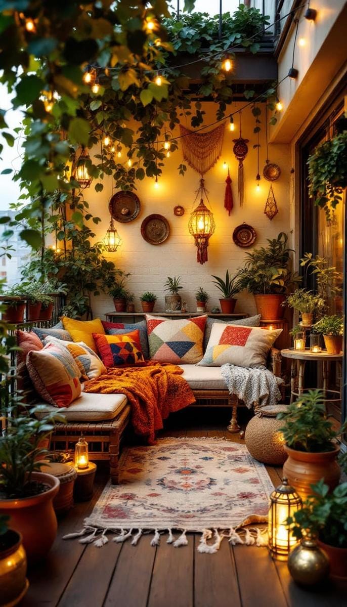 21 stylish apartment balcony this season 35 Bohemian balcony with patchwork textiles and versatile vintage decor finds 1