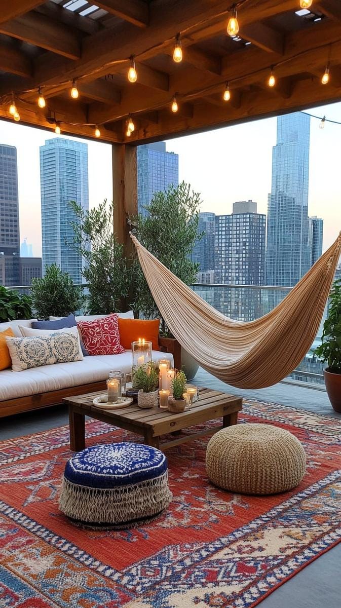 23 verträumte Dachterrasse Designs für modernes Leben im Freien 38 Bohemian inspirierter Raum mit Makramé-Hängematten und Topf Olivenbäumen 1