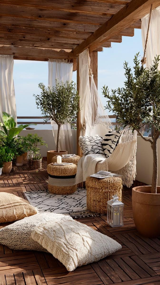 23 verträumte Dachterrasse Designs für modernes Leben im Freien 39 Bohemian inspirierter Raum mit Makramé-Hängematten und Topf Olivenbäumen 1