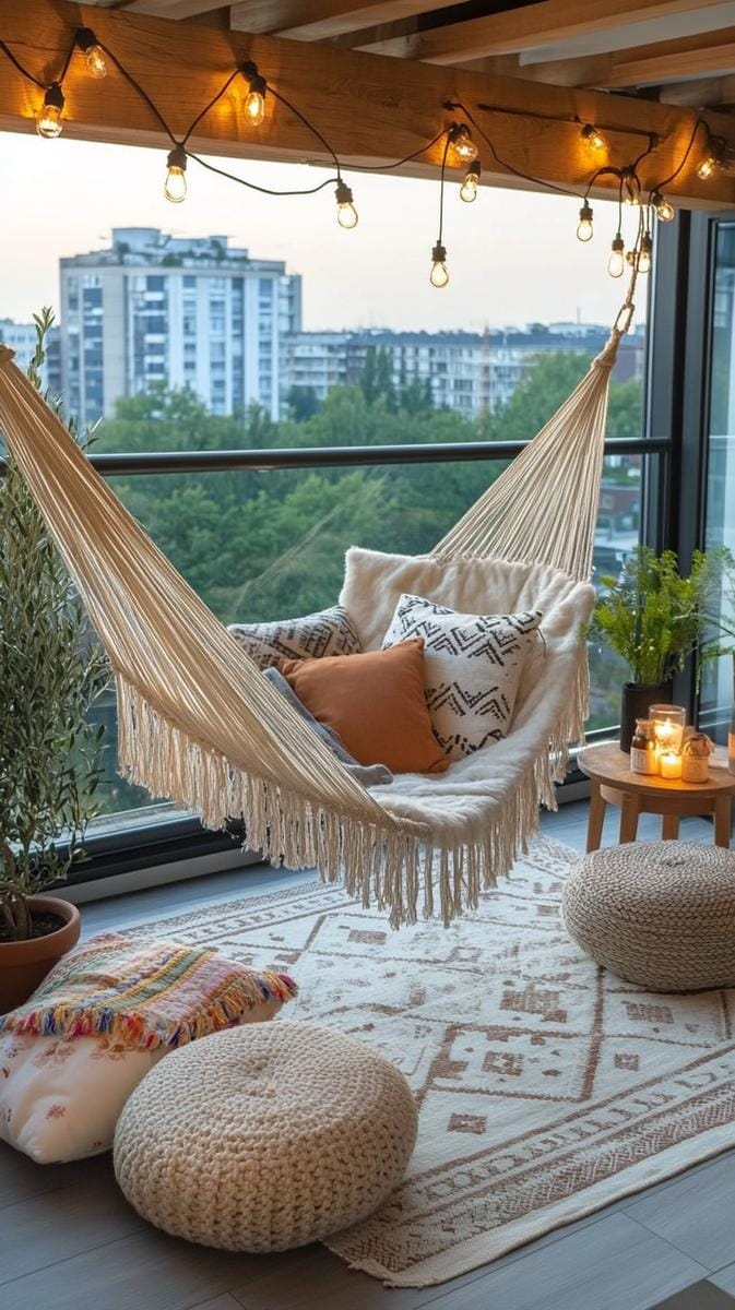 23 verträumte Dachterrasse Designs für modernes Outdoor -Leben 40 Bohemian inspirierter Raum mit Makramé-Hängematten und Topf Olivenbäumen 1