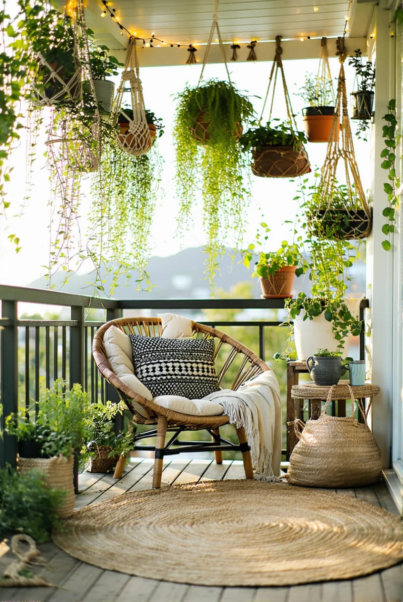 15 unique balcony with hanging plants for urban rooms 3 Boho balcony oasis with macramé plants and fairy lights 1