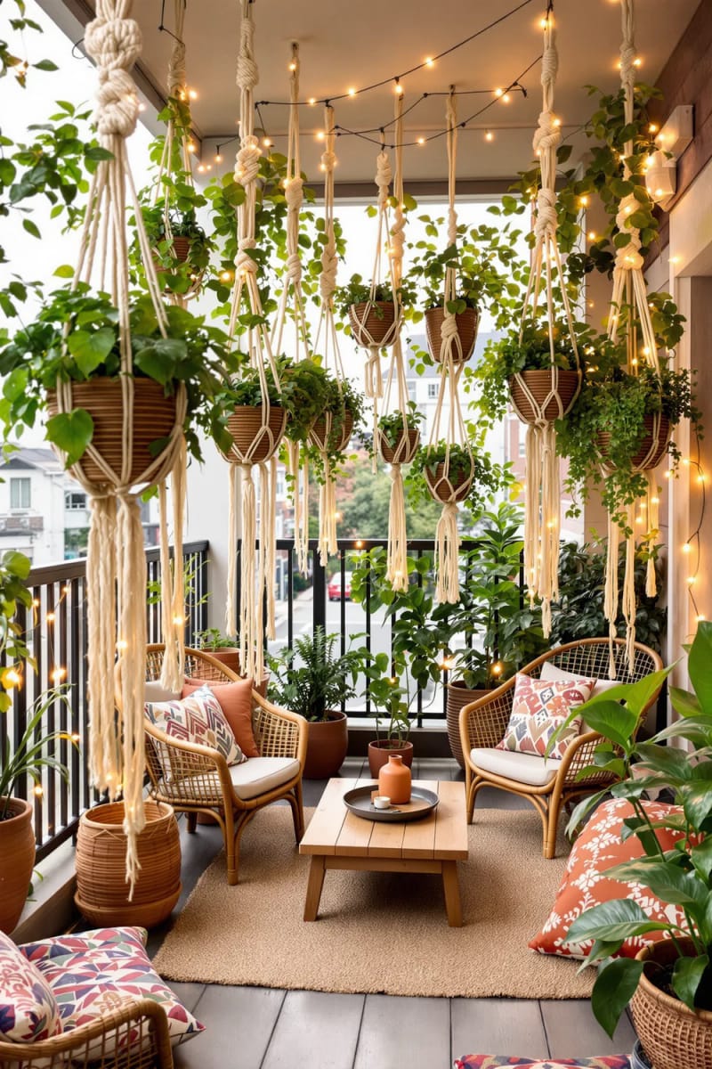 15 unique balcony with hanging plants for urban rooms 4 Boho balcony oasis with macramé plants and fairy lights 1