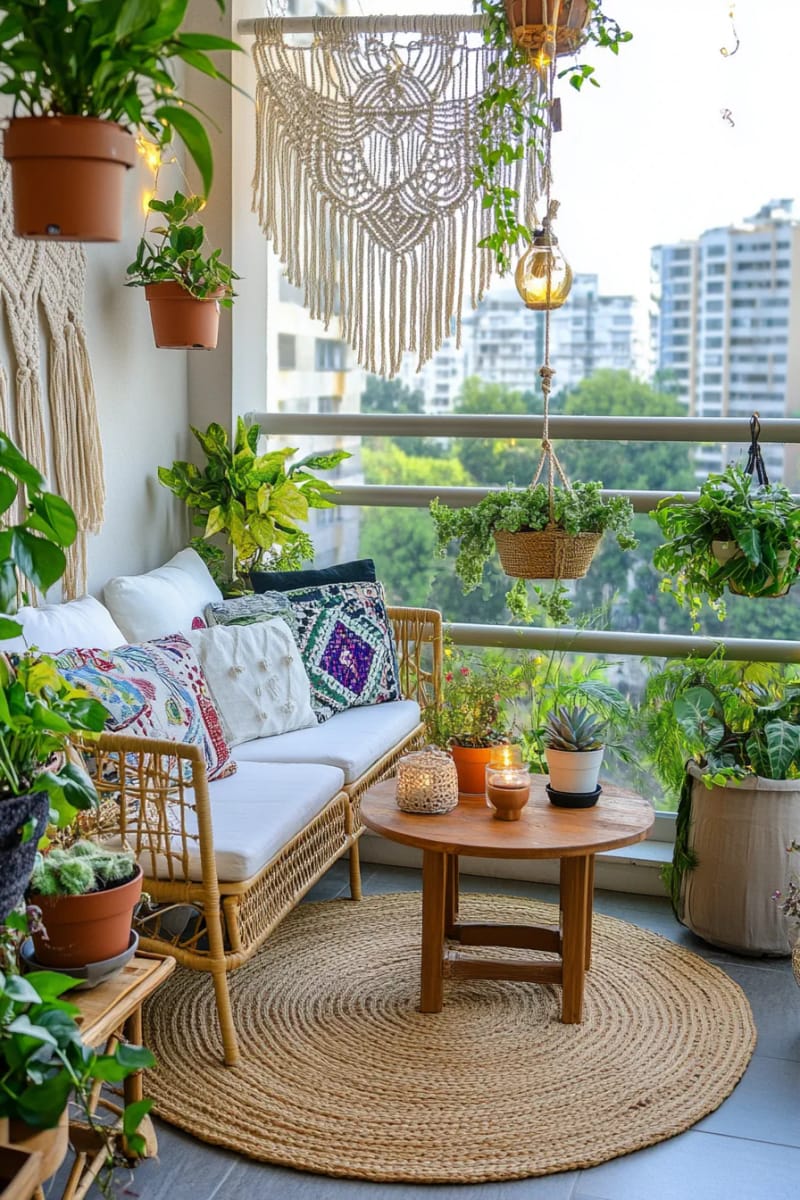 15 unique balcony with hanging plants for urban rooms 5 Boho balcony oasis with macramé plants and fairy lights 1