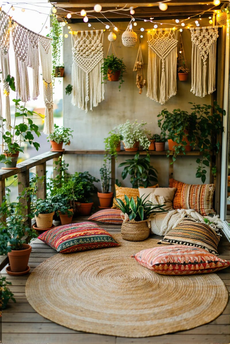 25 atemberaubende Balkondekorationsideen für moderne Räume 14 BOHO-inspirierte String-Licht-Baldachin mit Macramé-Details 1