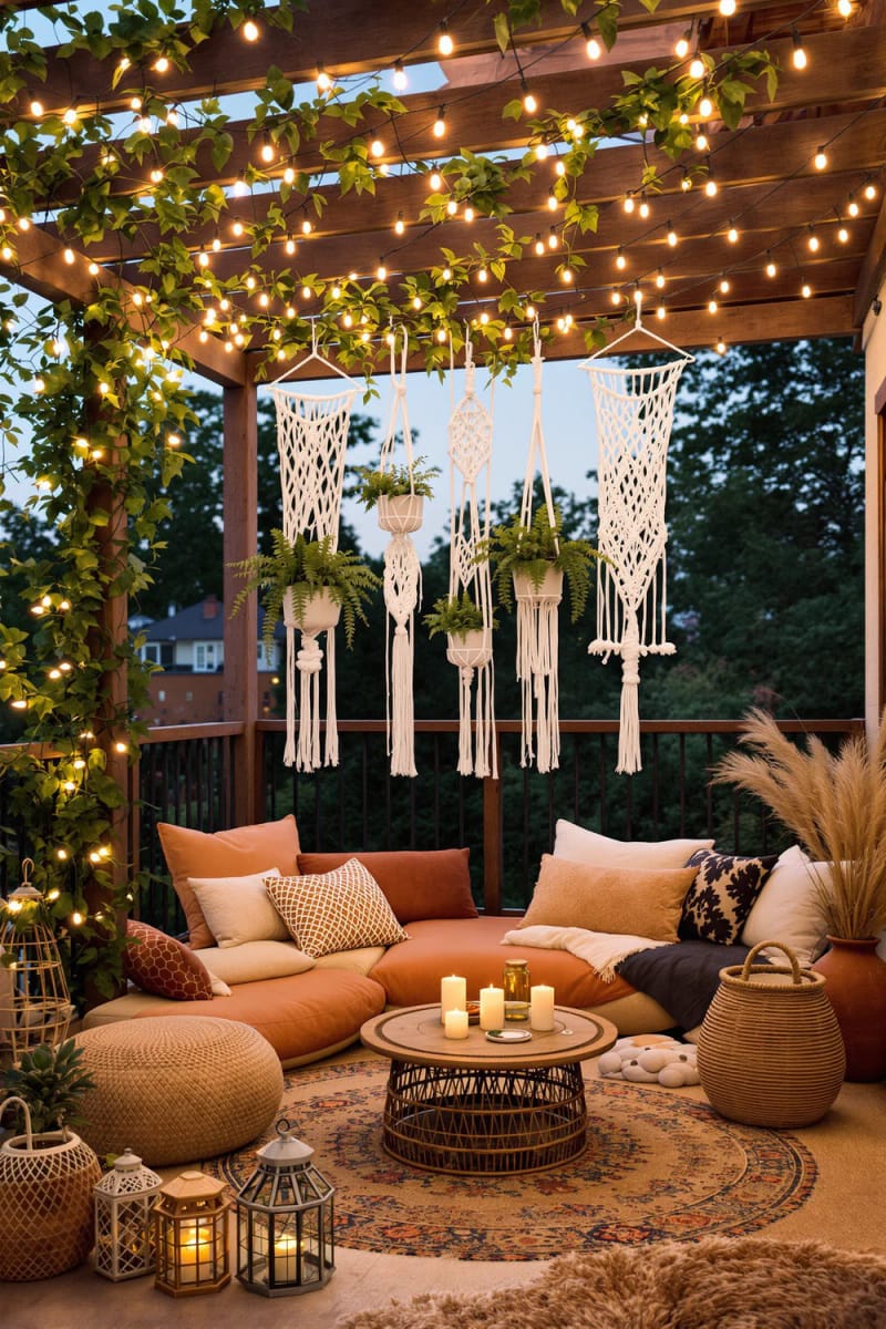 25 atemberaubende Balkondekorationsideen für moderne Räume 15 BOHO-inspirierte String-Licht-Baldachin mit Macramé-Details 1