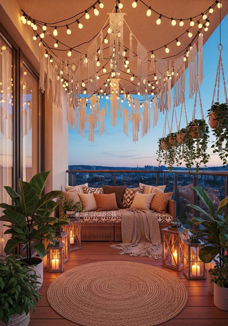 25 atemberaubende Balkondekorationsideen für moderne Räume 16 BOHO-inspirierte String-Licht-Baldachin mit Macramé-Details 1