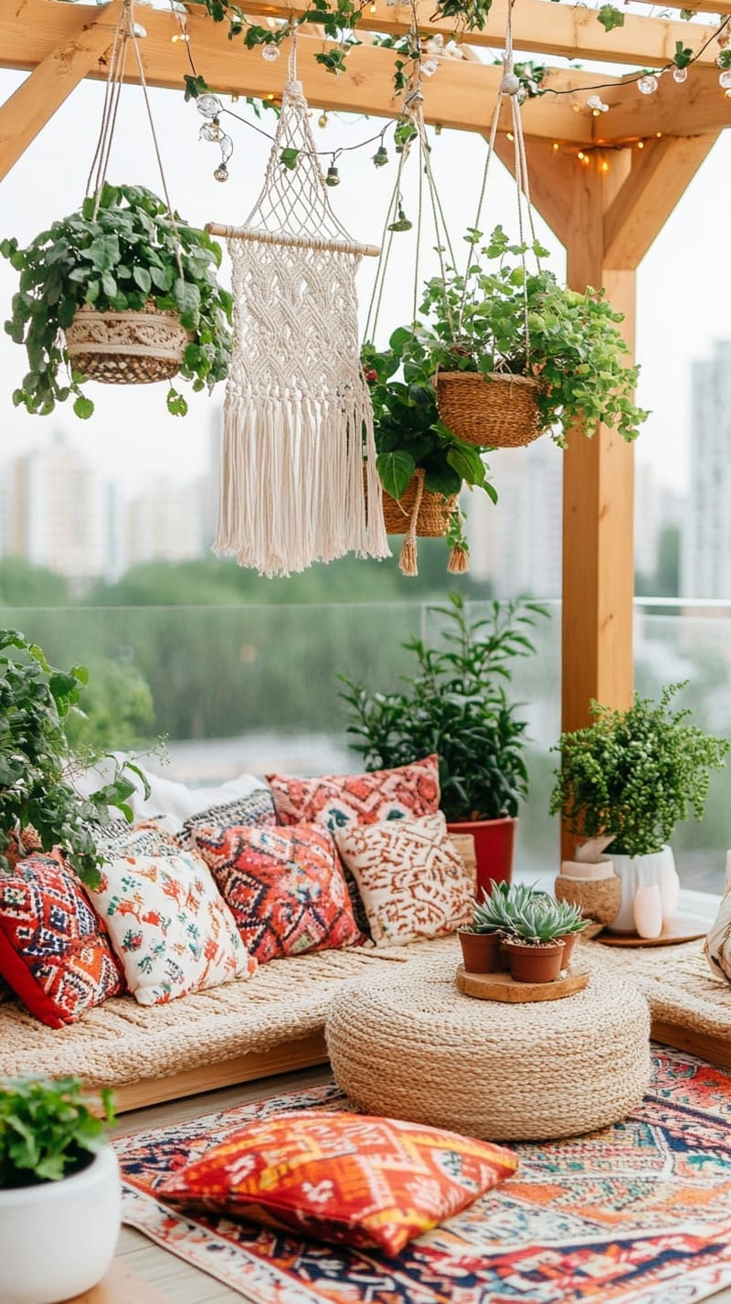 25 Unique Terrace Garden Ideas to Elevate Your Outdoor Space 4 boho-inspired terrace garden with hanging macramé planters and patterned floor cushions 1