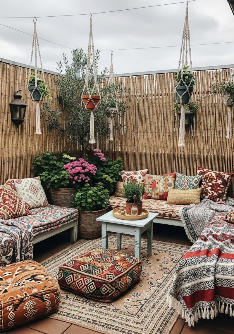 25 Unique Terrace Garden Ideas to Elevate Your Outdoor Space 5 boho-inspired terrace garden with hanging macramé planters and patterned floor cushions 1