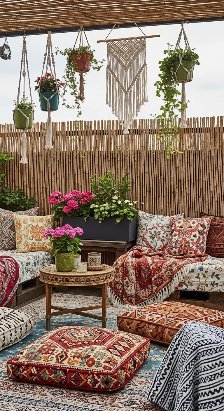 25 Unique Terrace Garden Ideas to Elevate Your Outdoor Space 6 boho-inspired terrace garden with hanging macramé planters and patterned floor cushions 1
