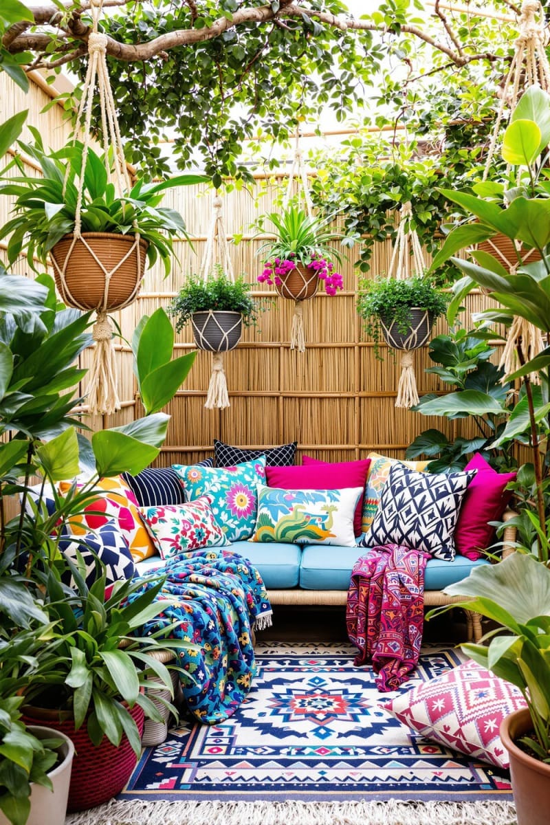 25 Unique Terrace Garden Ideas to Elevate Your Outdoor Space 7 boho-inspired terrace garden with hanging macramé planters and patterned floor cushions 1