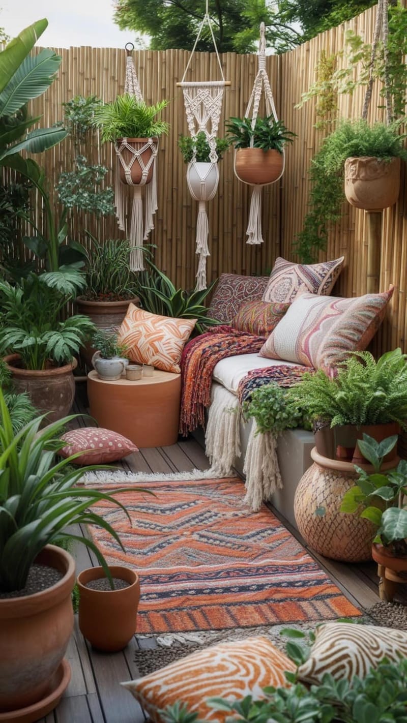 25 Unique Terrace Garden Ideas to Elevate Your Outdoor Space 8 boho-inspired terrace garden with hanging macramé planters and patterned floor cushions 1