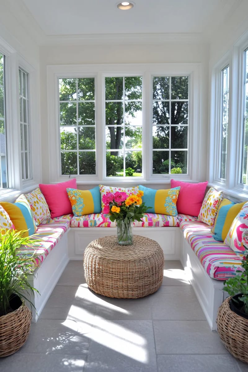 19 small conservatory ideas to lighten small rooms 9 Built -in windowsill seats with colorful summer and throws 1