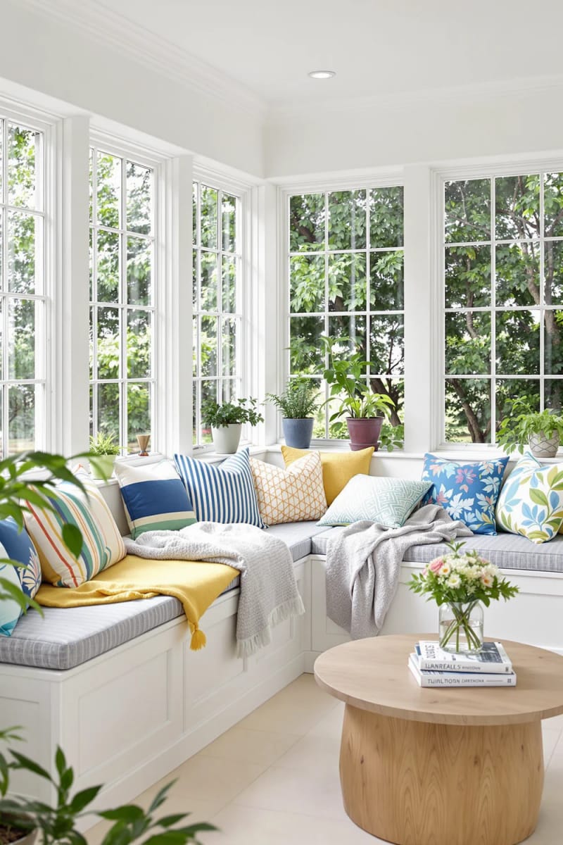 19 small conservatory ideas to open small rooms 10 Built -in windowsill seats with colorful summer and throws 1