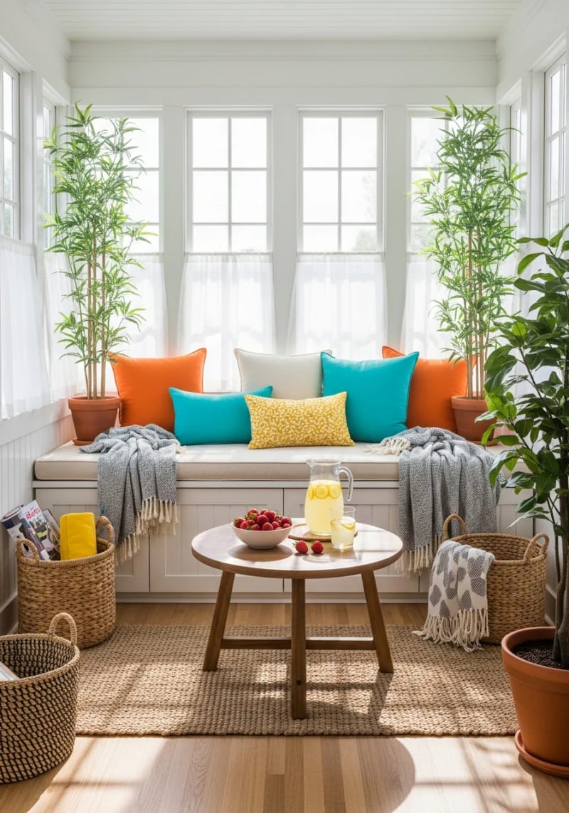 19 small conservatory ideas to open small rooms 11 Built -in windowsill seats with colorful summer and throws 1