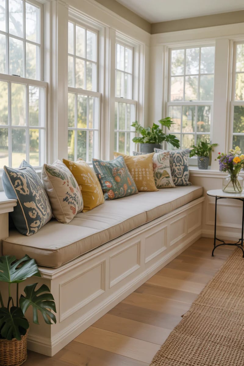 15 beautiful winter garden decoration ideas to refresh your home 9 Built -in windowsill with plush cushion and patterned litter cushion 1