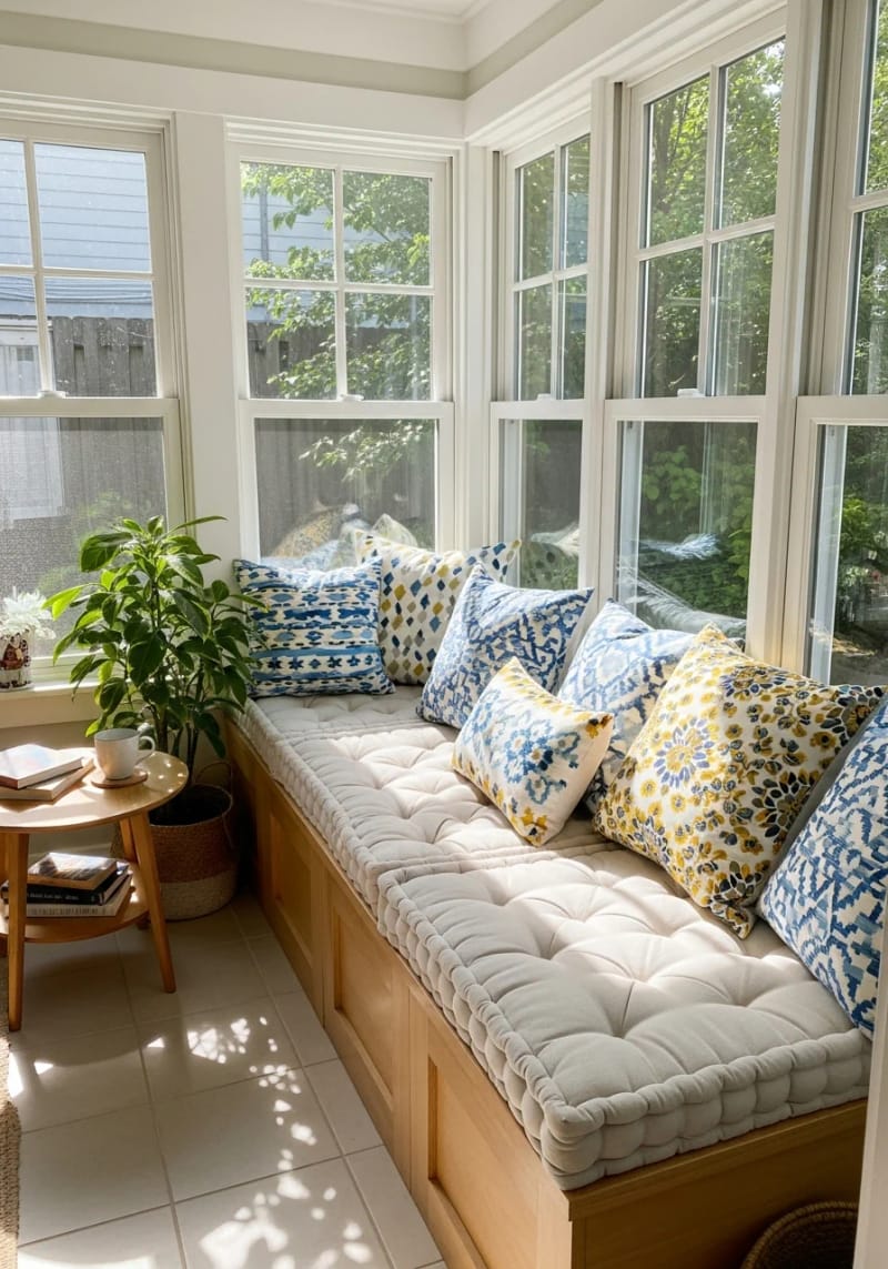 15 beautiful winter garden decoration ideas to refresh your home 10 Built -in windowsill with plush cushion and patterned litter cushion 1