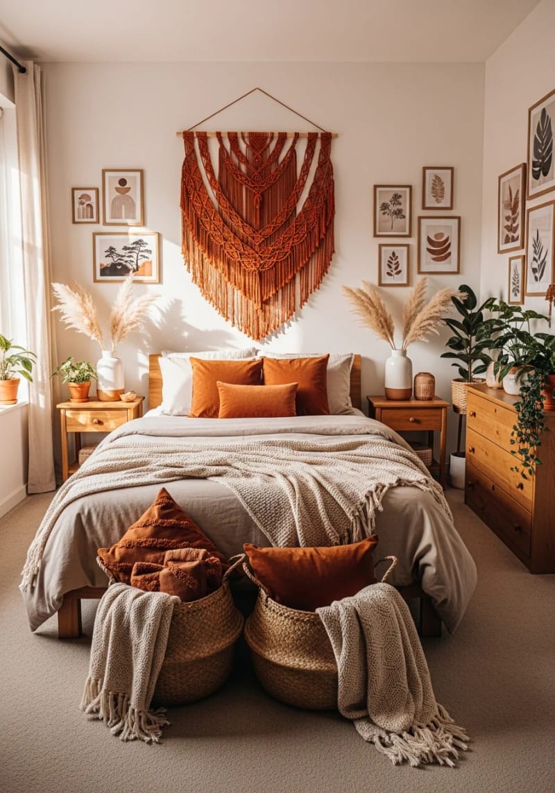 21 Cozy autumn bedroom decoration ideas for trying on 22nd 22. Burned orange macramé wall hang for autumn texture 1