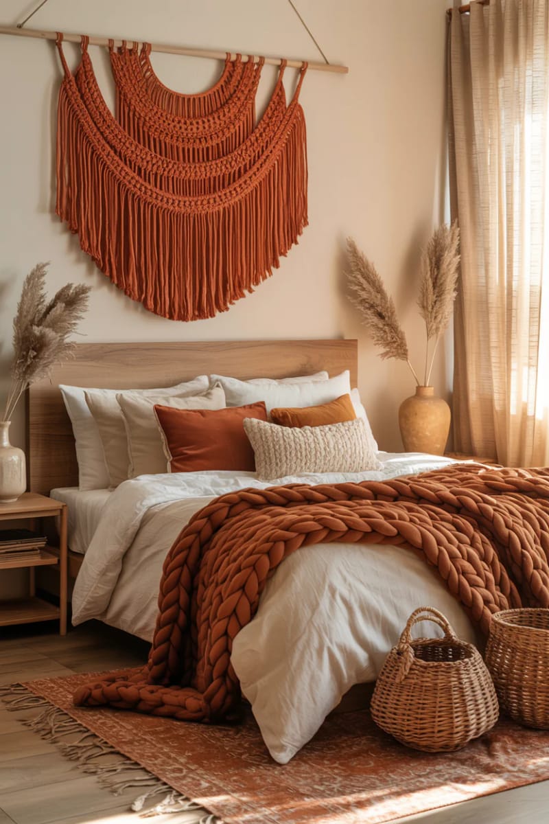 21 Cozy autumn bedroom decoration ideas for autumn 23 Burned orange macramé wall hang for autumn texture 1