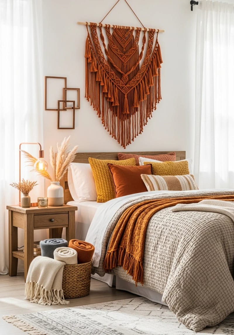 21 Cozy autumn bedroom decoration ideas for autumn 24 Burned orange macramé wall hang for autumn texture 1