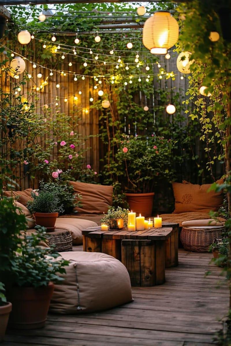 25 Unique Terrace Garden Ideas to Elevate Your Outdoor Space 33 candlelit evening garden with string lights and oversized lanterns 1