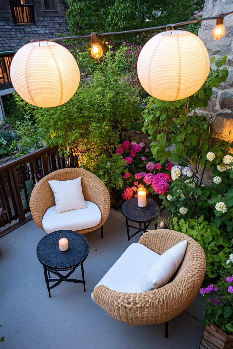 25 Unique Terrace Garden Ideas to Elevate Your Outdoor Space 34 candlelit evening garden with string lights and oversized lanterns 1
